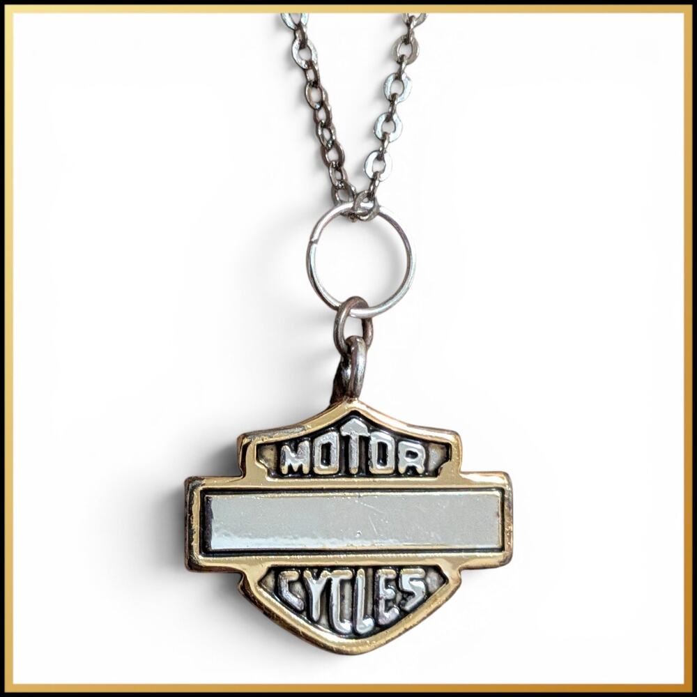 Harley Davidson Gold & Silver Bar & Shield Charm Necklace Stainless Steel Chain